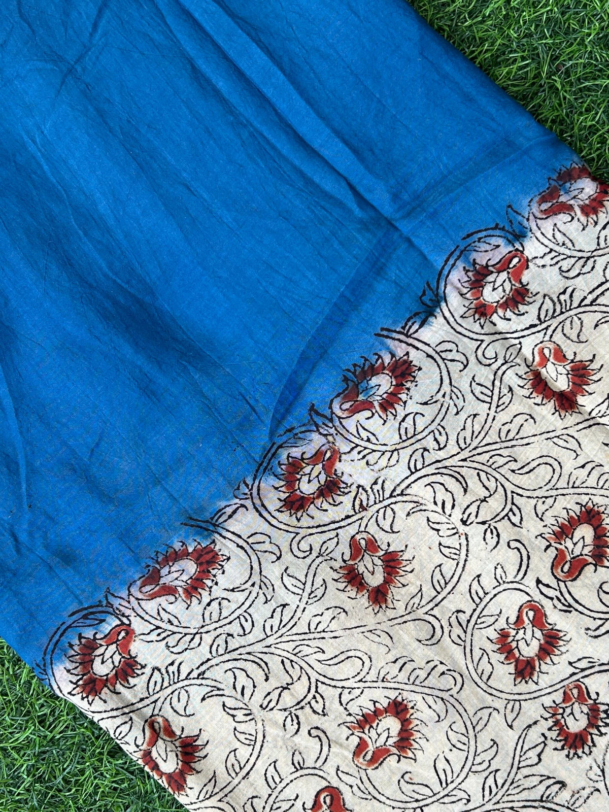 Kalamkari Block Printed Half & Half Chennuri Silk Fabric - HBP-M005